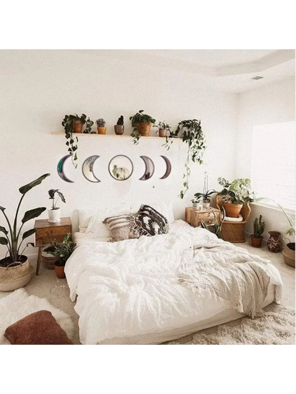 Bohemian 5-Piece Acrylic Wall Decor Set - Wooden Moon Phase Mirror for Living